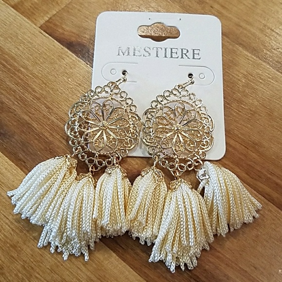 Jewelry - Ivory & Gold tone Filagree Tassel Earrings